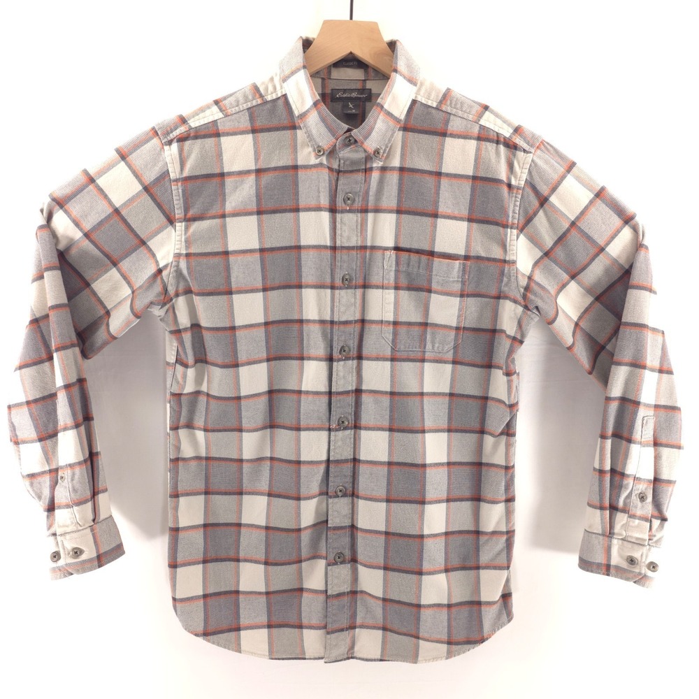 Eddie Bauer Mens Button Down Shirt Medium Grey Orange Plaid Classic Fit Cotton